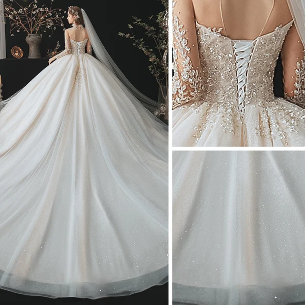 Romantique Champagne La Mariée Robe De Mariée 2020 Robe Boule Transparentes Col Haut Manches Longues Dos Nu Perlage Glitter Tulle Cathedral Train Volants