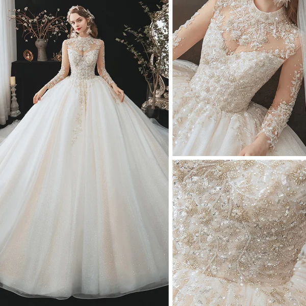 Romantique Champagne La Mariée Robe De Mariée 2020 Robe Boule Transparentes Col Haut Manches Longues Dos Nu Perlage Glitter Tulle Cathedral Train Volants