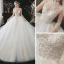 Romantique Champagne La Mariée Robe De Mariée 2020 Robe Boule Transparentes Col Haut Manches Longues Dos Nu Perlage Glitter Tulle Cathedral Train Volants