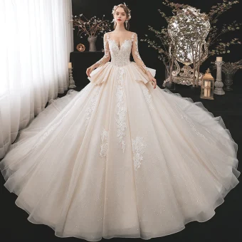Charmant Champagne La Mariée Robe De Mariée 2020 Robe Boule Transparentes Encolure Dégagée Manches Longues Dos Nu Appliques En Dentelle Perlage Glitter Tulle Cathedral Train Volants