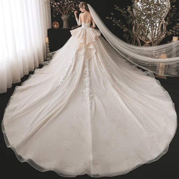 Charming Champagne Bridal Wedding Dresses 2020 Ball Gown See-through Scoop Neck Long Sleeve Backless Appliques Lace Beading Glitter Tulle Cathedral Train Ruffle