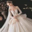 Charming Champagne Bridal Wedding Dresses 2020 Ball Gown See-through Scoop Neck Long Sleeve Backless Appliques Lace Beading Glitter Tulle Cathedral Train Ruffle