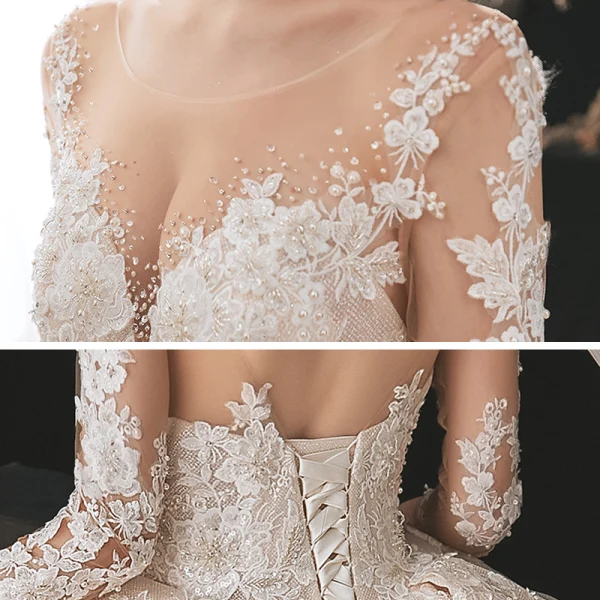 Charming Champagne Bridal Wedding Dresses 2020 Ball Gown See-through Scoop Neck Long Sleeve Backless Appliques Lace Beading Glitter Tulle Cathedral Train Ruffle