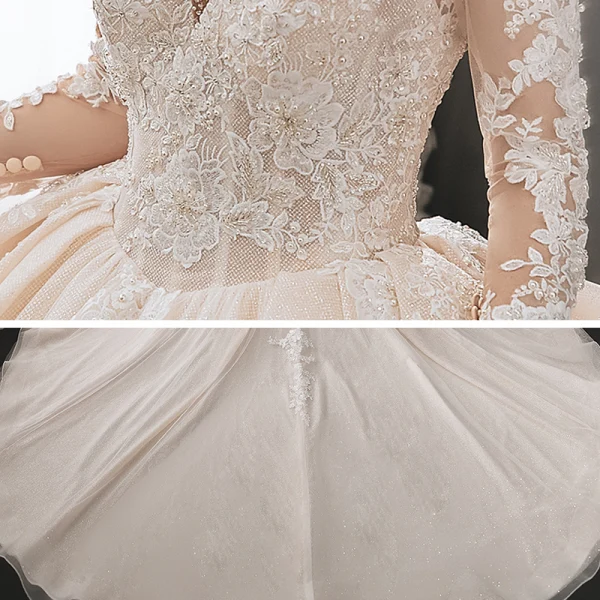 Charming Champagne Bridal Wedding Dresses 2020 Ball Gown See-through Scoop Neck Long Sleeve Backless Appliques Lace Beading Glitter Tulle Cathedral Train Ruffle