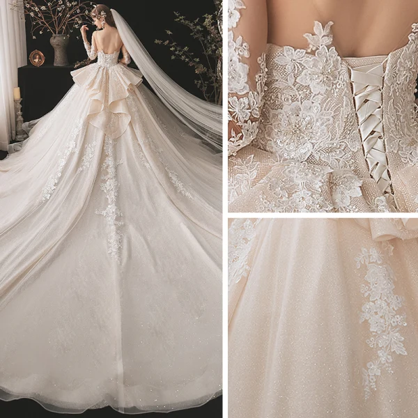 Charming Champagne Bridal Wedding Dresses 2020 Ball Gown See-through Scoop Neck Long Sleeve Backless Appliques Lace Beading Glitter Tulle Cathedral Train Ruffle