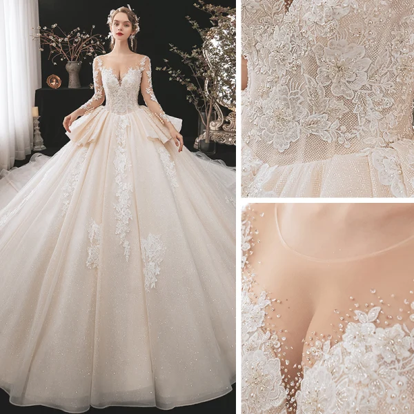 Charming Champagne Bridal Wedding Dresses 2020 Ball Gown See-through Scoop Neck Long Sleeve Backless Appliques Lace Beading Glitter Tulle Cathedral Train Ruffle