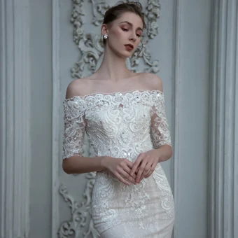 Haut De Gamme Champagne La Mariée Robe De Mariée 2020 Trompette Sirène De L 039 Épaule 1 2 Manches Dos Nu Appliques En Dentelle Perlage Paillettes Train De Balayage Volants