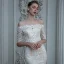 High End Champagner Hochzeits Brautkleider / Hochzeitskleider 2020 Meerjungfrau Off Shoulder 1/2 Ärmel Rückenfreies Applikationen Spitze Perlenstickerei Pailletten Sweep / Pinsel Zug Rüschen