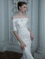 High End Champagner Hochzeits Brautkleider / Hochzeitskleider 2020 Meerjungfrau Off Shoulder 1/2 Ärmel Rückenfreies Applikationen Spitze Perlenstickerei Pailletten Sweep / Pinsel Zug Rüschen
