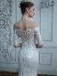 High End Champagner Hochzeits Brautkleider / Hochzeitskleider 2020 Meerjungfrau Off Shoulder 1/2 Ärmel Rückenfreies Applikationen Spitze Perlenstickerei Pailletten Sweep / Pinsel Zug Rüschen