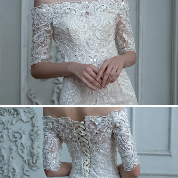High End Champagner Hochzeits Brautkleider / Hochzeitskleider 2020 Meerjungfrau Off Shoulder 1/2 Ärmel Rückenfreies Applikationen Spitze Perlenstickerei Pailletten Sweep / Pinsel Zug Rüschen