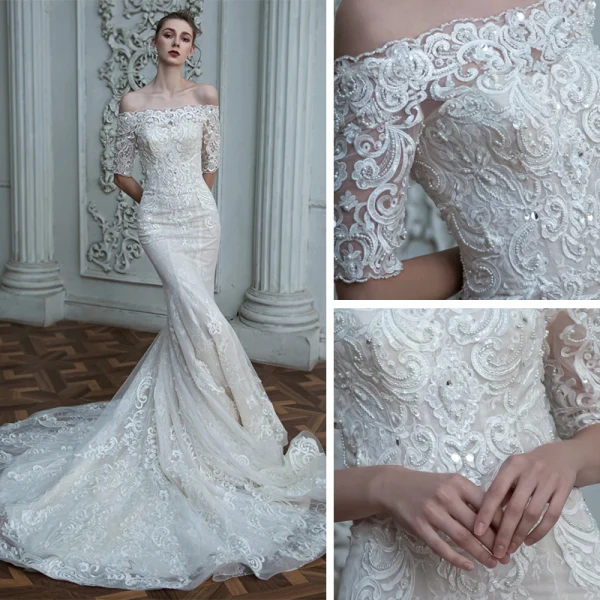 High End Champagner Hochzeits Brautkleider / Hochzeitskleider 2020 Meerjungfrau Off Shoulder 1/2 Ärmel Rückenfreies Applikationen Spitze Perlenstickerei Pailletten Sweep / Pinsel Zug Rüschen