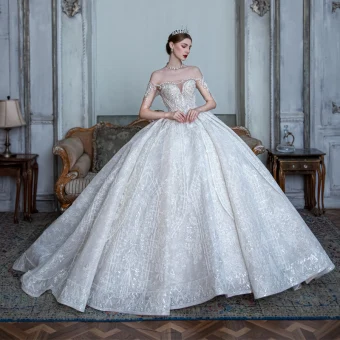 Fabuleux Blanche Transparentes La Mariée Robe De Mariée 2020 Robe Boule De L 039 Épaule Manches Courtes Dos Nu Appliques En Dentelle Perlage Paillettes Glitter Tulle