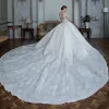 Fantastyczny Białe Przezroczyste ślubna Suknie Ślubne 2020 Suknia Balowa Przy Ramieniu Kótkie Rękawy Bez Pleców Aplikacje Z Koronki Frezowanie Cekiny Cekinami Tiulowe