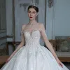 Fabulous White See-through Bridal Wedding Dresses 2020 Ball Gown Off-The-Shoulder Short Sleeve Backless Appliques Lace Beading Sequins Glitter Tulle