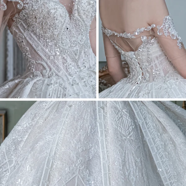 Fabelhaft Weiß Durchsichtige Hochzeits Brautkleider / Hochzeitskleider 2020 Ballkleid Off Shoulder Kurze Ärmel Rückenfreies Applikationen Spitze Perlenstickerei Pailletten Glanz Tülle