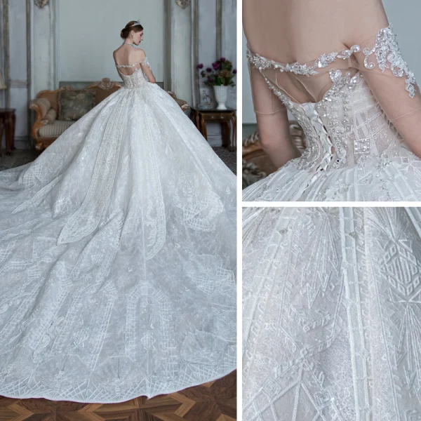 Fabelhaft Weiß Durchsichtige Hochzeits Brautkleider / Hochzeitskleider 2020 Ballkleid Off Shoulder Kurze Ärmel Rückenfreies Applikationen Spitze Perlenstickerei Pailletten Glanz Tülle