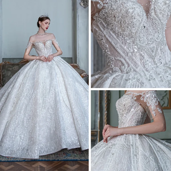 Fabelhaft Weiß Durchsichtige Hochzeits Brautkleider / Hochzeitskleider 2020 Ballkleid Off Shoulder Kurze Ärmel Rückenfreies Applikationen Spitze Perlenstickerei Pailletten Glanz Tülle