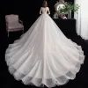 Affordable Ivory Bridal Wedding Dresses 2020 Ball Gown Scoop Neck Sleeveless Backless Beading Sequins Cathedral Train Ruffle