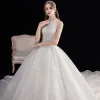 Affordable Ivory Bridal Wedding Dresses 2020 Ball Gown Scoop Neck Sleeveless Backless Beading Sequins Cathedral Train Ruffle