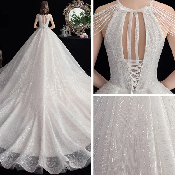Abordable Ivoire La Mariée Robe De Mariée 2020 Robe Boule Encolure Dégagée Sans Manches Dos Nu Perlage Paillettes Cathedral Train Volants