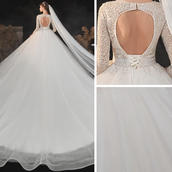 Romantique Ivoire La Mariée Robe De Mariée 2020 Robe Boule Transparentes Col v profond 3/4 Manches Dos Nu Perlage Glitter Tulle Cathedral Train Volants
