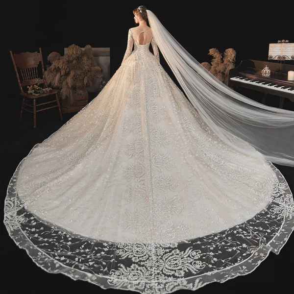 High-end Champagne Bridal Wedding Dresses 2020 Ball Gown See-through Scoop Neck Long Sleeve Backless Appliques Lace Beading Glitter Tulle Cathedral Train Ruffle