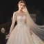High-end Champagne Bridal Wedding Dresses 2020 Ball Gown See-through Scoop Neck Long Sleeve Backless Appliques Lace Beading Glitter Tulle Cathedral Train Ruffle