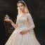 High-end Champagne Bridal Wedding Dresses 2020 Ball Gown See-through Scoop Neck Long Sleeve Backless Appliques Lace Beading Glitter Tulle Cathedral Train Ruffle