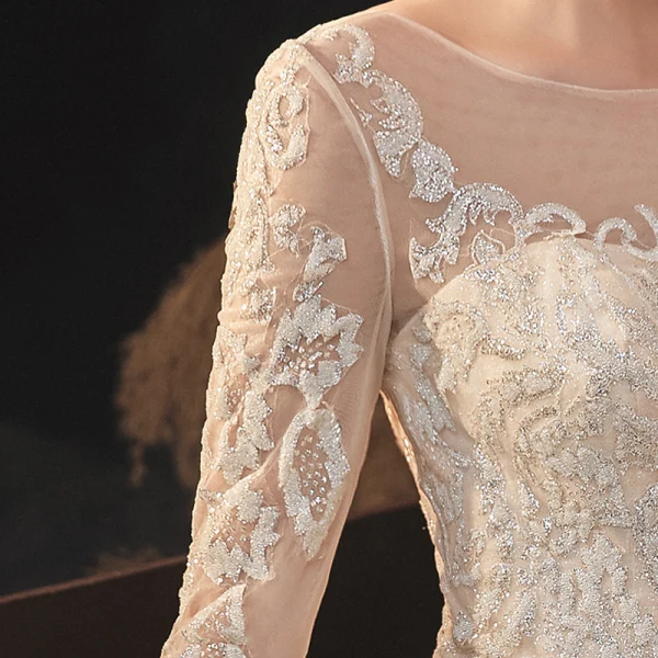 High-end Champagne Bridal Wedding Dresses 2020 Ball Gown See-through Scoop Neck Long Sleeve Backless Appliques Lace Beading Glitter Tulle Cathedral Train Ruffle