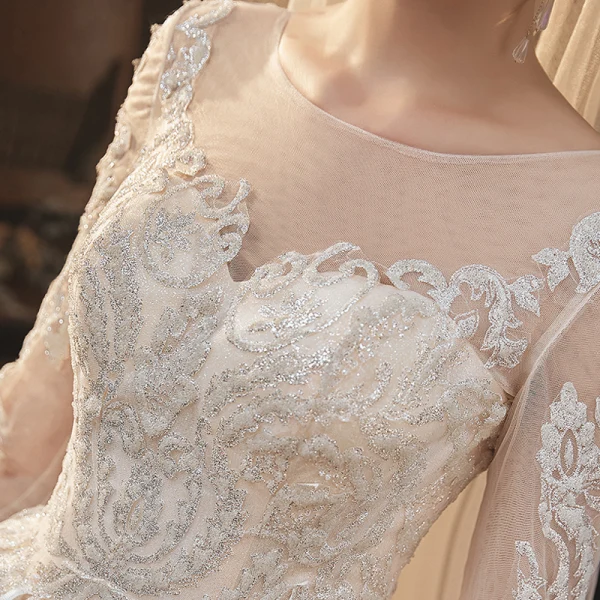 High-end Champagne Bridal Wedding Dresses 2020 Ball Gown See-through Scoop Neck Long Sleeve Backless Appliques Lace Beading Glitter Tulle Cathedral Train Ruffle