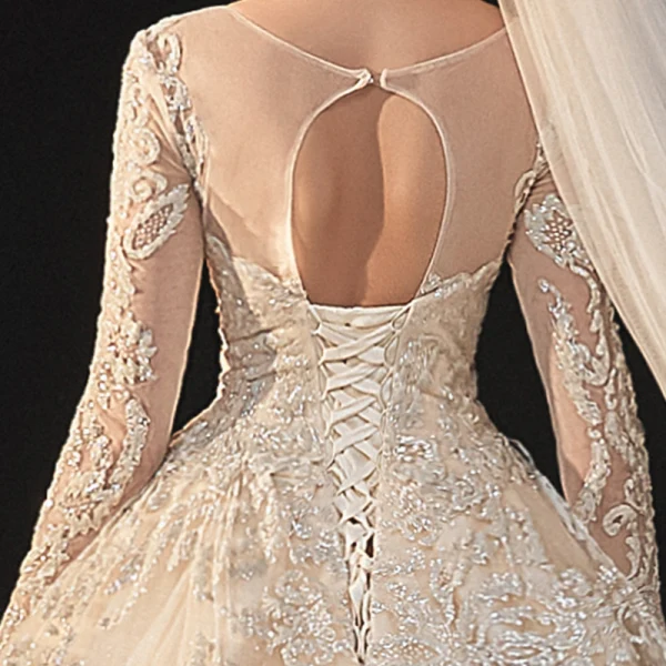 High-end Champagne Bridal Wedding Dresses 2020 Ball Gown See-through Scoop Neck Long Sleeve Backless Appliques Lace Beading Glitter Tulle Cathedral Train Ruffle