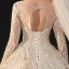 High-end Champagne Bridal Wedding Dresses 2020 Ball Gown See-through Scoop Neck Long Sleeve Backless Appliques Lace Beading Glitter Tulle Cathedral Train Ruffle