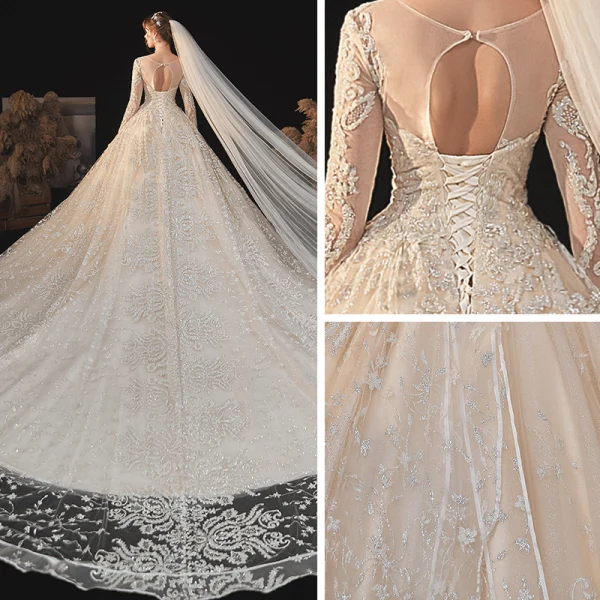 High-end Champagne Bridal Wedding Dresses 2020 Ball Gown See-through Scoop Neck Long Sleeve Backless Appliques Lace Beading Glitter Tulle Cathedral Train Ruffle