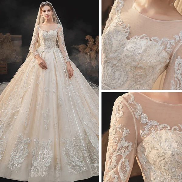 High-end Champagne Bridal Wedding Dresses 2020 Ball Gown See-through Scoop Neck Long Sleeve Backless Appliques Lace Beading Glitter Tulle Cathedral Train Ruffle