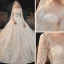 High-end Champagne Bridal Wedding Dresses 2020 Ball Gown See-through Scoop Neck Long Sleeve Backless Appliques Lace Beading Glitter Tulle Cathedral Train Ruffle
