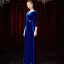 Modest / Simple Royal Blue Velour Winter Evening Dresses  2020 A-Line / Princess V-Neck 3/4 Sleeve Rhinestone Sash Floor-Length / Long Ruffle Formal Dresses