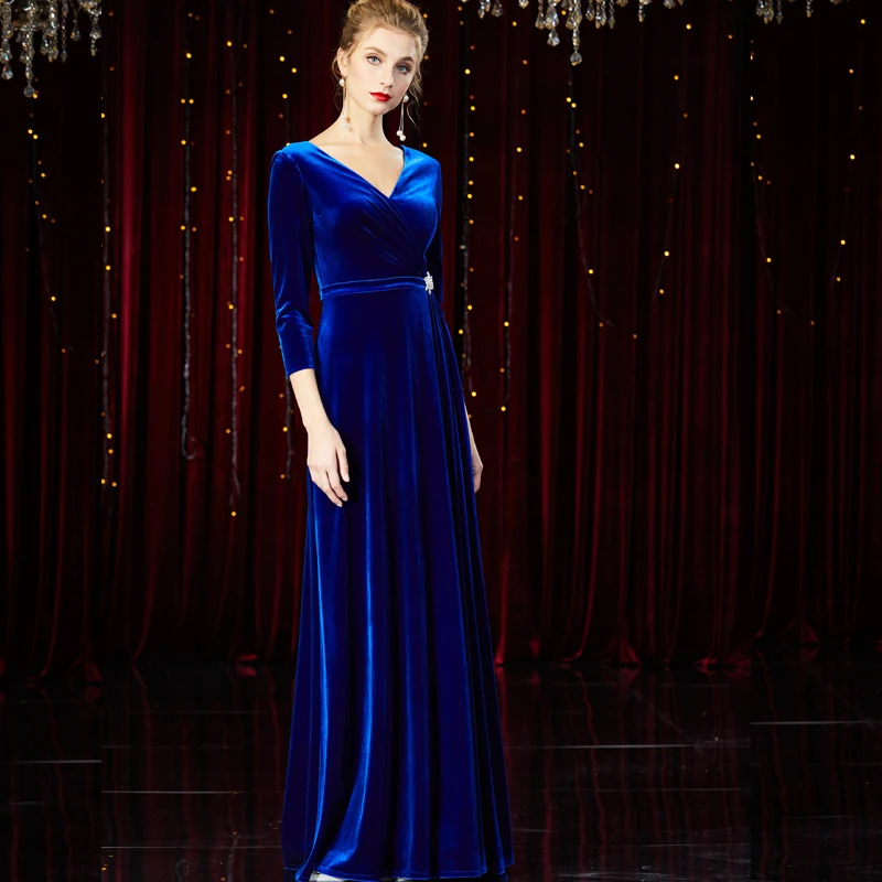 knee length dresses for ladies Blue V-neck Velvet Dress, Long Sleeve Fashion Dress P275 main image 1