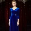 Modest / Simple Royal Blue Velour Winter Evening Dresses  2020 A-Line / Princess V-Neck 3/4 Sleeve Rhinestone Sash Floor-Length / Long Ruffle Formal Dresses