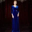 Modest / Simple Royal Blue Velour Winter Evening Dresses  2020 A-Line / Princess V-Neck 3/4 Sleeve Rhinestone Sash Floor-Length / Long Ruffle Formal Dresses