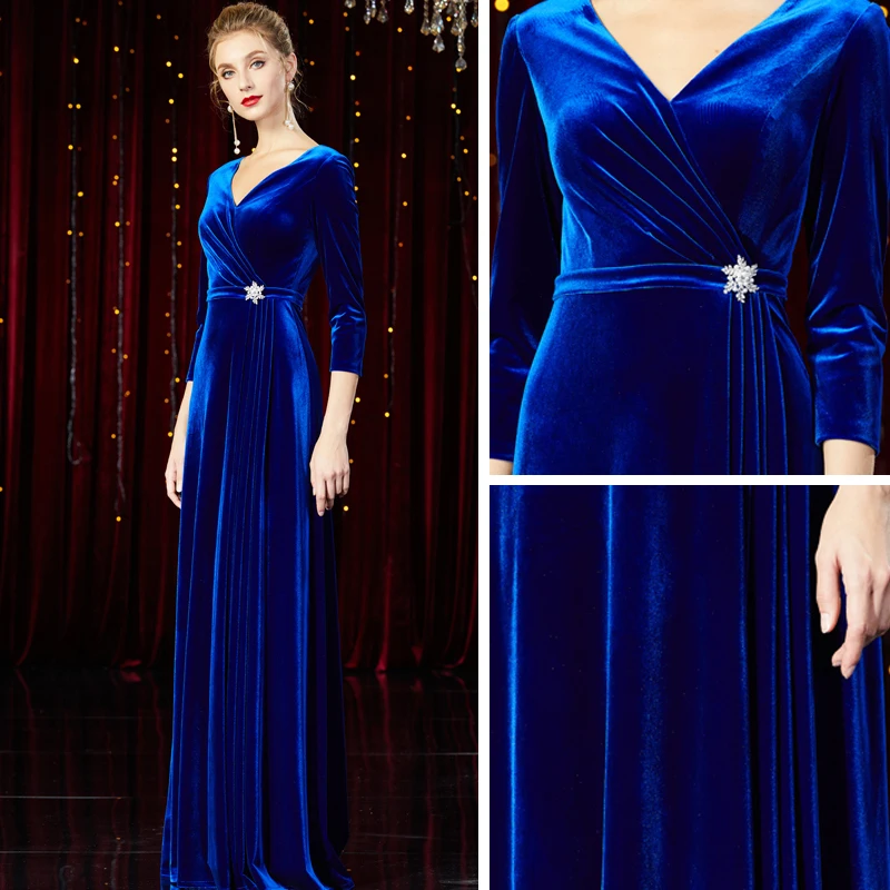 Modest Simple Royal Blue Velour Winter Evening Dresses 2020 A Line Princess  V Neck 3 4 Sleeve Rhinestone Sash Floor Length Long Ruffle Formal Dresses