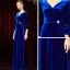 Modest / Simple Royal Blue Velour Winter Evening Dresses  2020 A-Line / Princess V-Neck 3/4 Sleeve Rhinestone Sash Floor-Length / Long Ruffle Formal Dresses