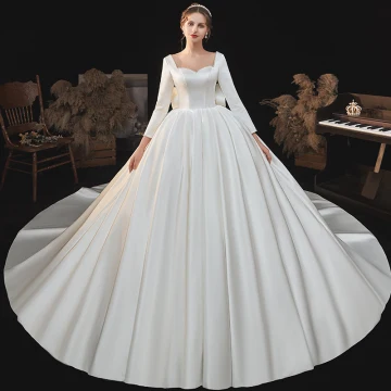 Modest Simple Ivory Satin Bridal Wedding Dresses 2020 Ball Gown Square Neckline Long Sleeve Backless Bow Beading Pearl Cathedral Train Ruffle