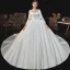 Schlicht Ivory / Creme Satin Hochzeits Brautkleider / Hochzeitskleider 2020 Ballkleid Eckiger Ausschnitt Lange Ärmel Rückenfreies Schleife Perlenstickerei Perle Kathedrale Schleppe Rüschen