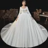 Modest / Simple Ivory Satin Bridal Wedding Dresses 2020 Ball Gown Square Neckline Long Sleeve Backless Bow Beading Pearl Cathedral Train Ruffle