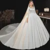 Modest / Simple Ivory Satin Bridal Wedding Dresses 2020 Ball Gown Square Neckline Long Sleeve Backless Bow Beading Pearl Cathedral Train Ruffle