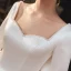 Schlicht Ivory / Creme Satin Hochzeits Brautkleider / Hochzeitskleider 2020 Ballkleid Eckiger Ausschnitt Lange Ärmel Rückenfreies Schleife Perlenstickerei Perle Kathedrale Schleppe Rüschen