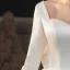 Schlicht Ivory / Creme Satin Hochzeits Brautkleider / Hochzeitskleider 2020 Ballkleid Eckiger Ausschnitt Lange Ärmel Rückenfreies Schleife Perlenstickerei Perle Kathedrale Schleppe Rüschen