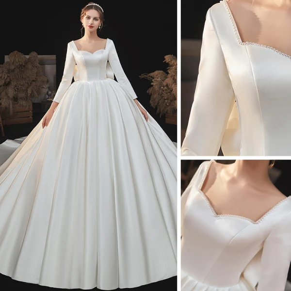Schlicht Ivory / Creme Satin Hochzeits Brautkleider / Hochzeitskleider 2020 Ballkleid Eckiger Ausschnitt Lange Ärmel Rückenfreies Schleife Perlenstickerei Perle Kathedrale Schleppe Rüschen