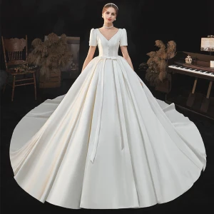 Vintage Retro Ivory Satin Bridal Wedding Dresses 2020 Ball Gown V Neck Puffy Short Sleeve Backless Beading Pearl Bow Cathedral Train Ruffle